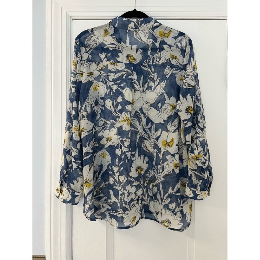 Hope Springs Blue and White Floral Button-Up Sheer Blouse Size L - Picture 3 of 7